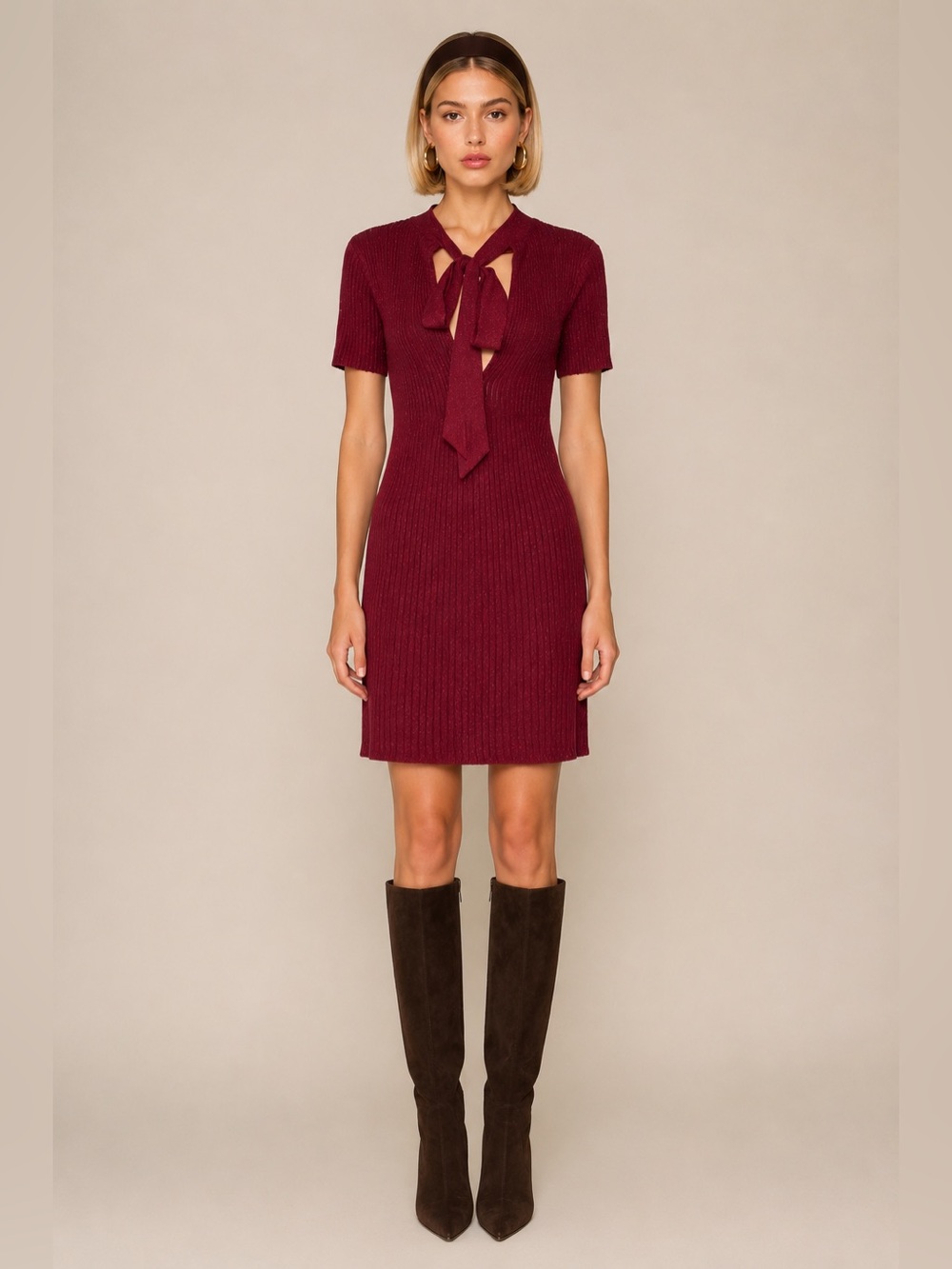 NWOT Sezane Tie-Neck Short Sleeve Mini Knit Dress in Burgundy Holiday Party
